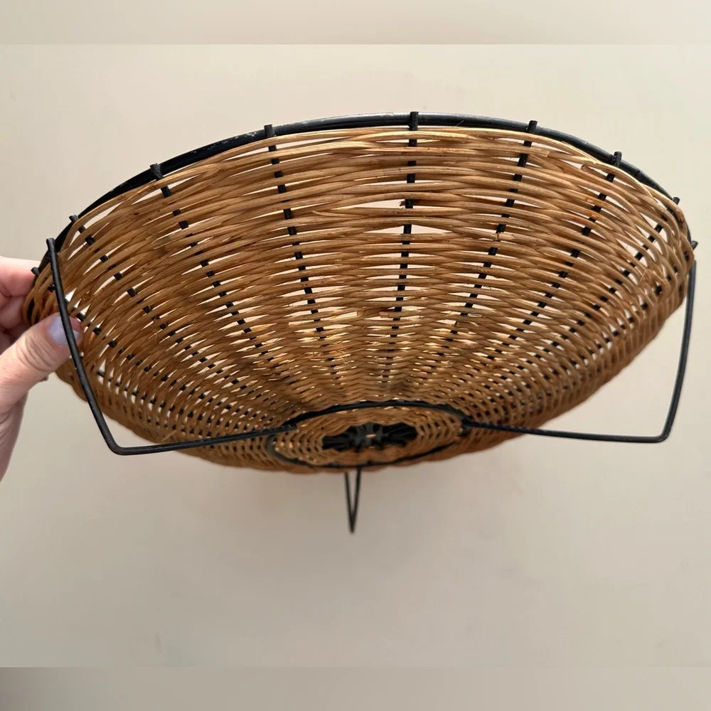 Vintage Woven Wicker Rattan Decorative Bowl with Black Metal Trim Boho